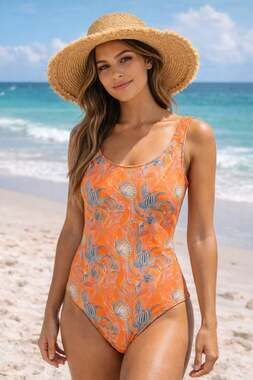 Pink Island Clothes Orange Abstract Shell Print One Piece Swimsuit
